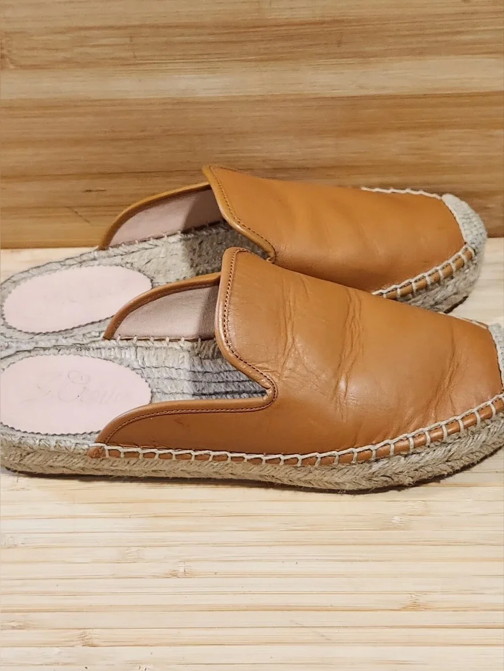 J. Crew Women's Leather Espadrille Mules Toasted Wheat Tan Slip On Flats Sz 7